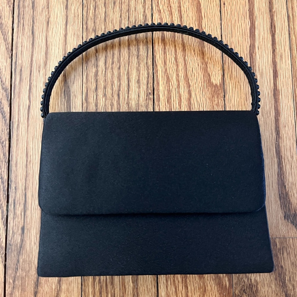 Black Silk Crepe Evening Bag w/ Rhinestone Studded Handle, Small (Prom, Formal)